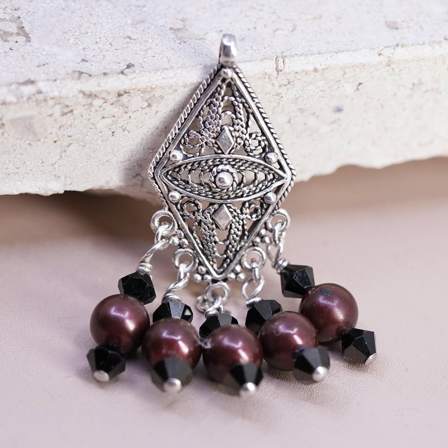 Vintage Sterling silver handmade pendant, 925 filigree charm with pearl beads