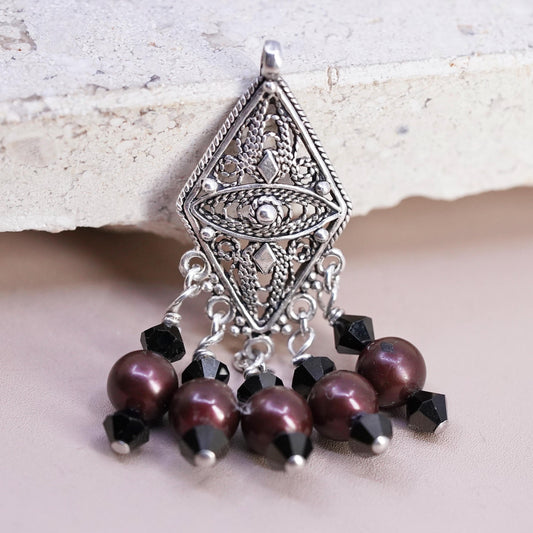 Vintage Sterling silver handmade pendant, 925 filigree charm with pearl beads