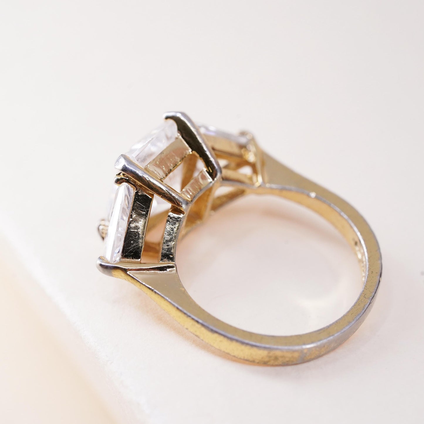 Size 6.25, Vintage gold over sterling silver CZ ring, 925 statement, ring