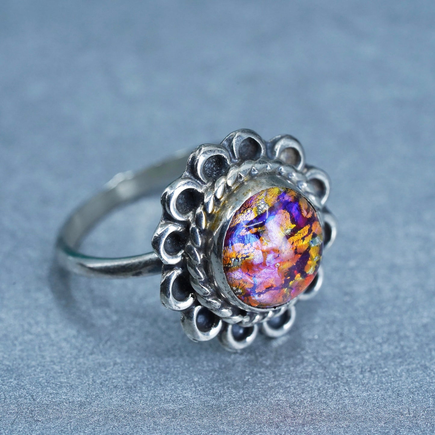 Size 5.5, mexico Sterling 925 silver handmade cocktail ring orange foiled glass