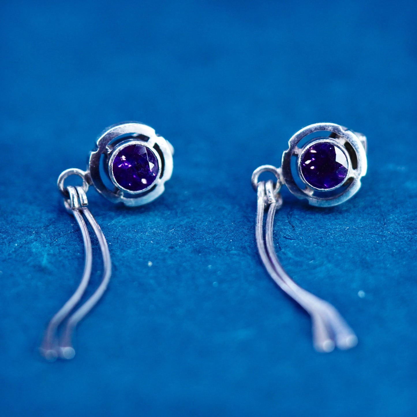 Vintage sterling 925 silver handmade flower earrings with amethyst