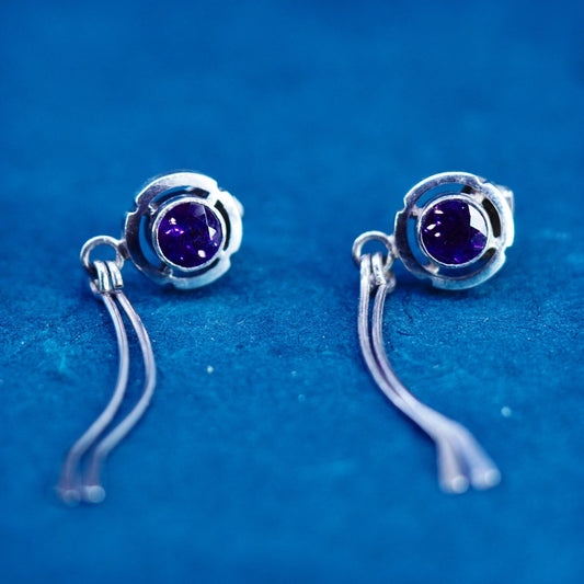 Vintage sterling 925 silver handmade flower earrings with amethyst