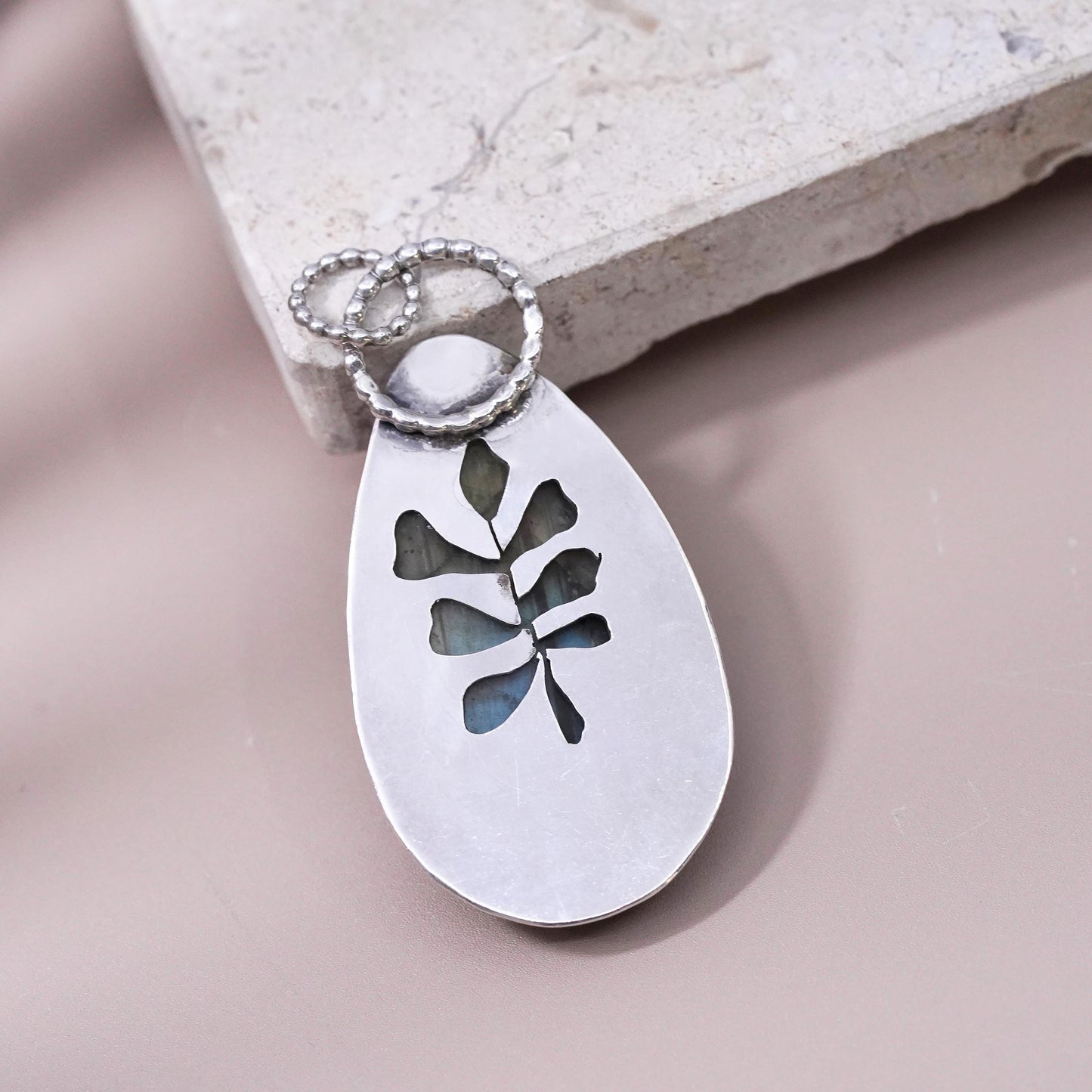 Vintage Sterling silver handmade pendant, 925 teardrop with labradorite