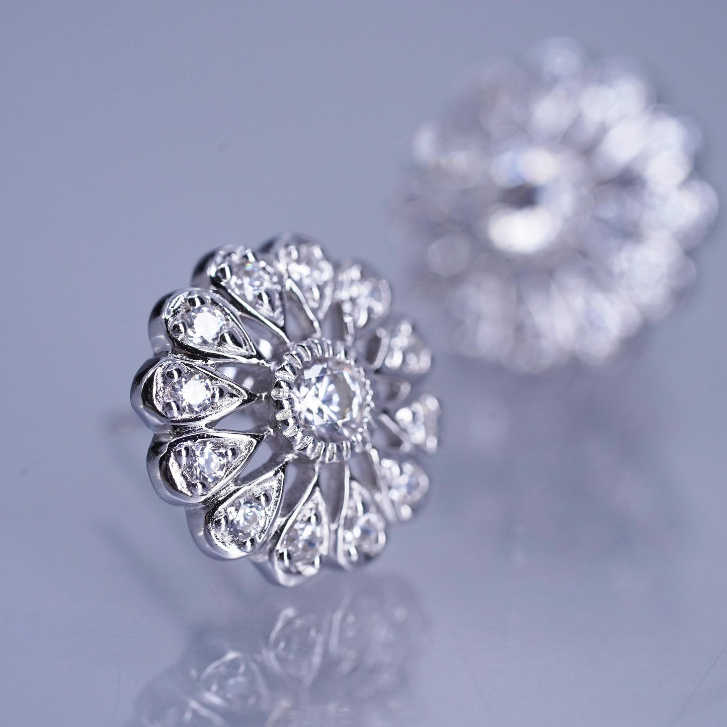 Vintage Sterling 925 silver handmade earrings, flower studs with cz