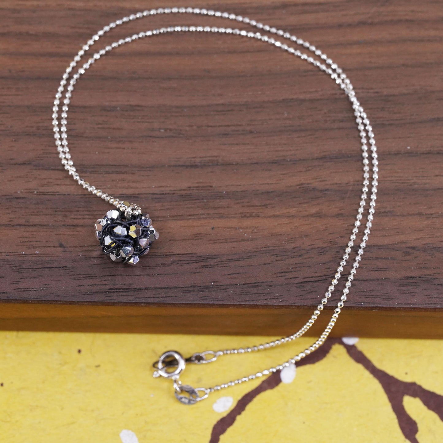 16", Sterling silver necklace, 925 bead chain with cluster crystal ball pendant