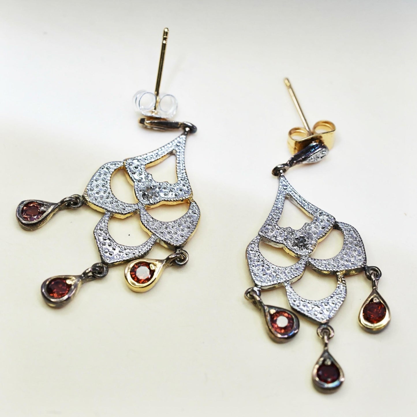 Vintage vermeil yellow gold over sterling 925 silver earrings ruby and diamonds