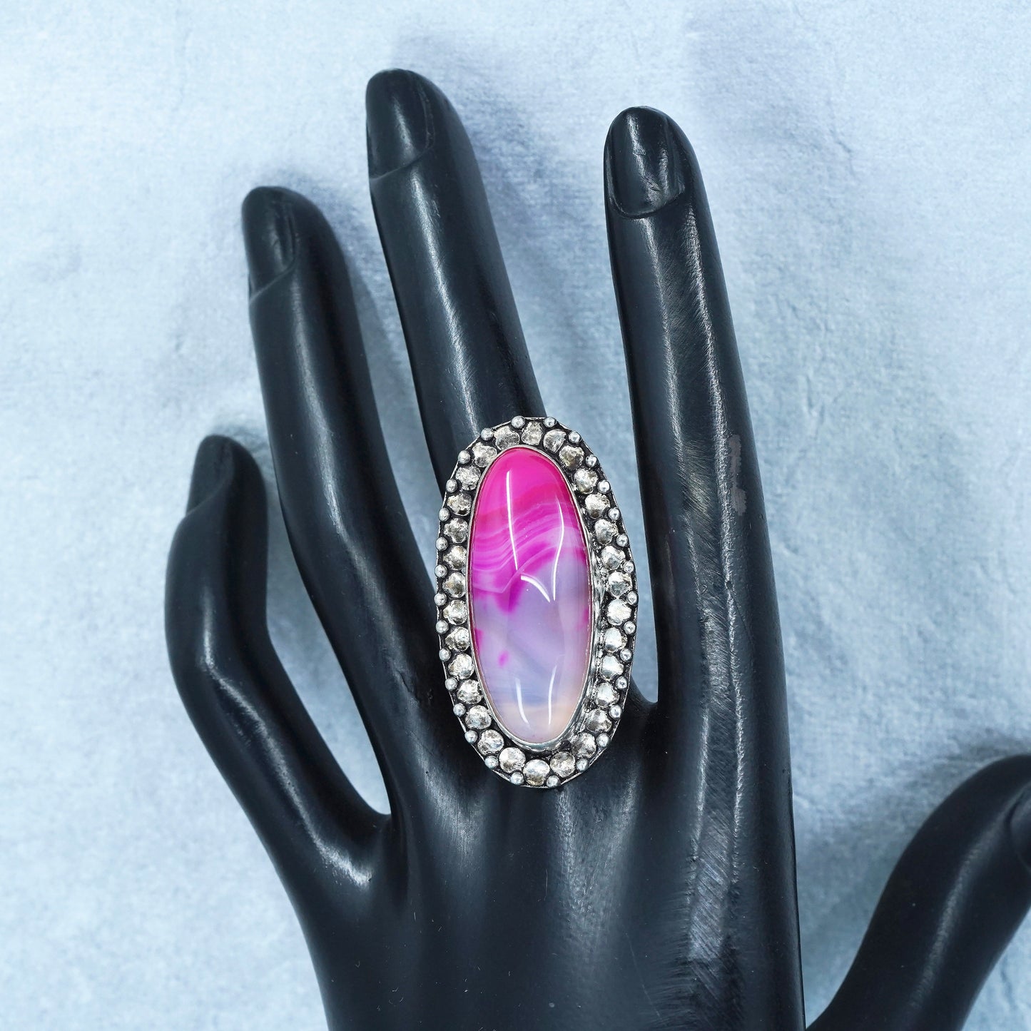 Size 8, vintage Sterling 925 silver handmade ring with landscape pink agate