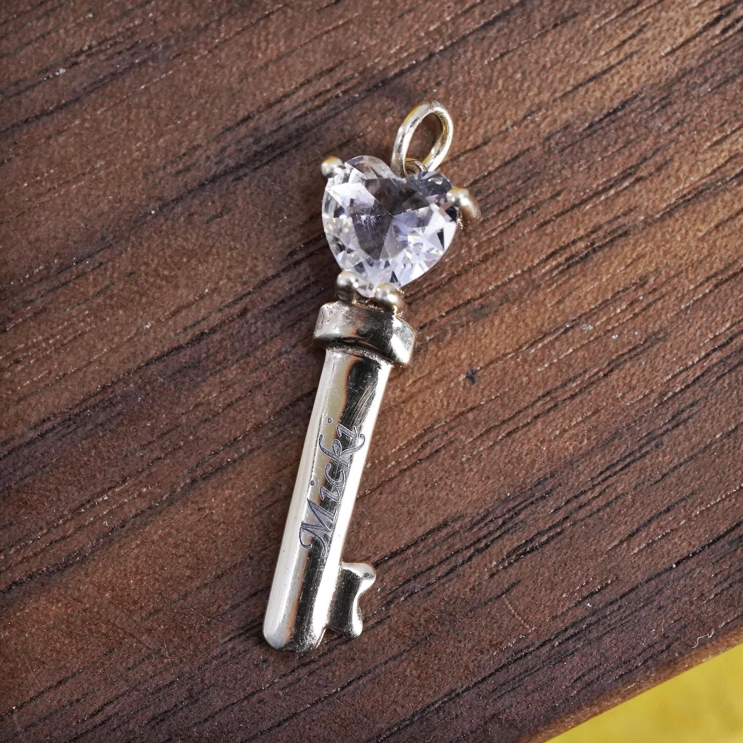 vermeil gold Sterling silver pendant, 925 heart shaped key cz engraved Micki