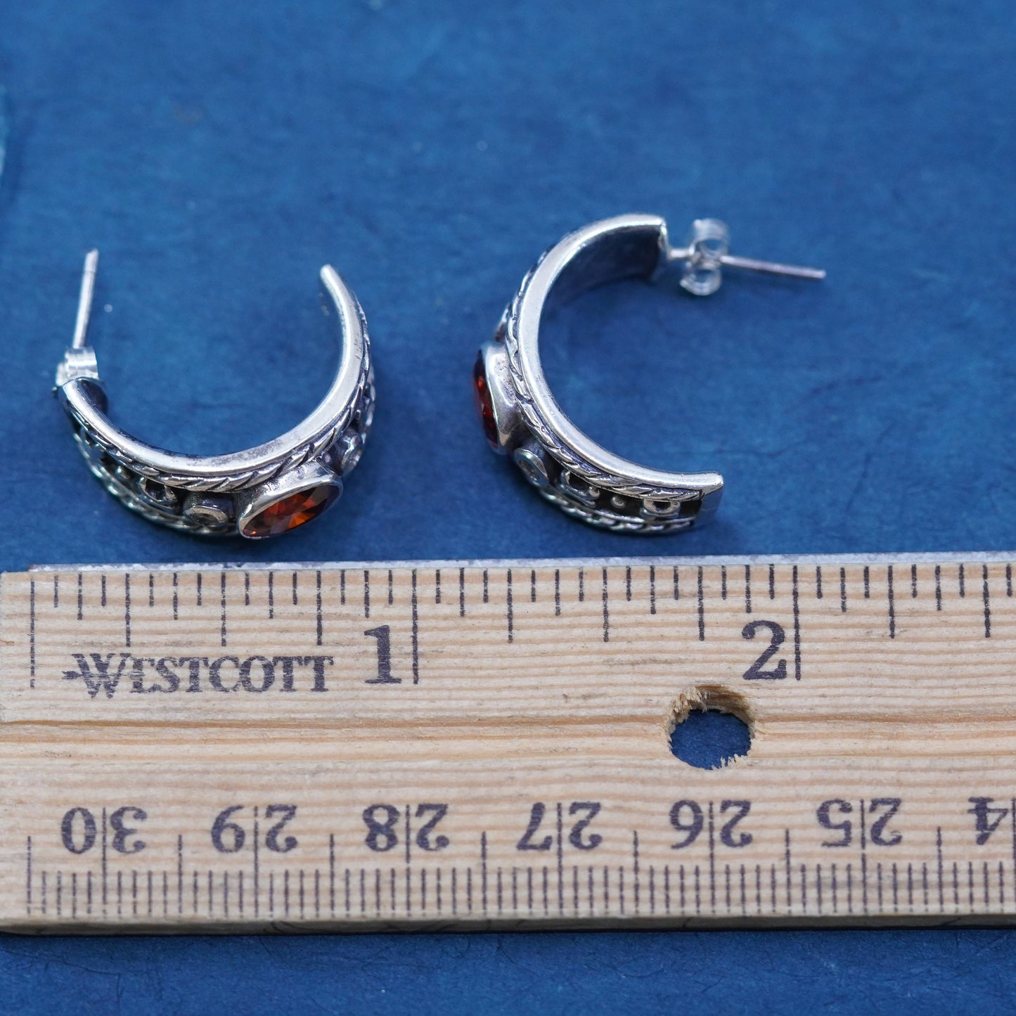0.75”, Sterling silver handmade hoop earrings, textured 925 huggie studs ruby