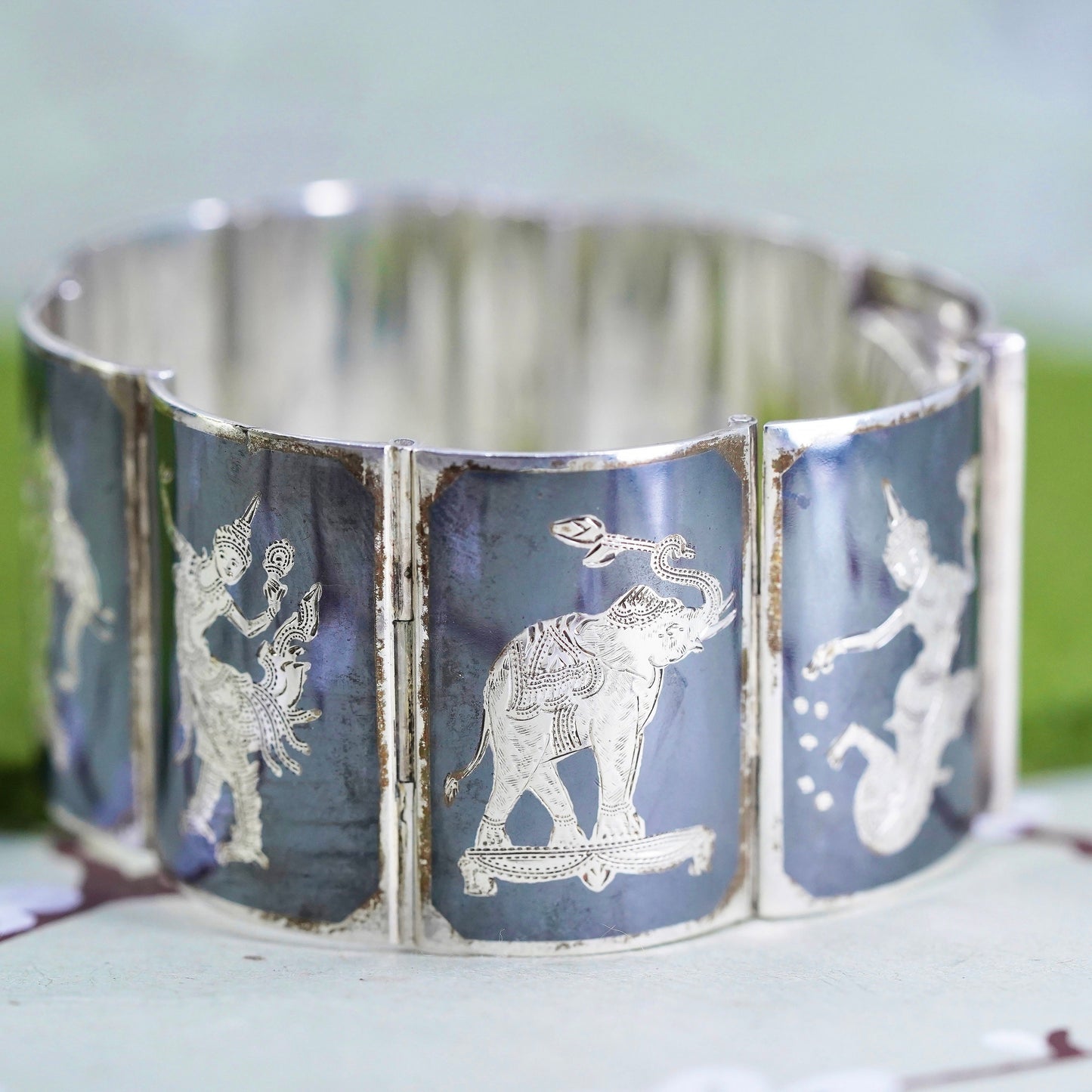 6”, Indian Siam Alex Co 925 sterling silver wide bracelet engraved goddess
