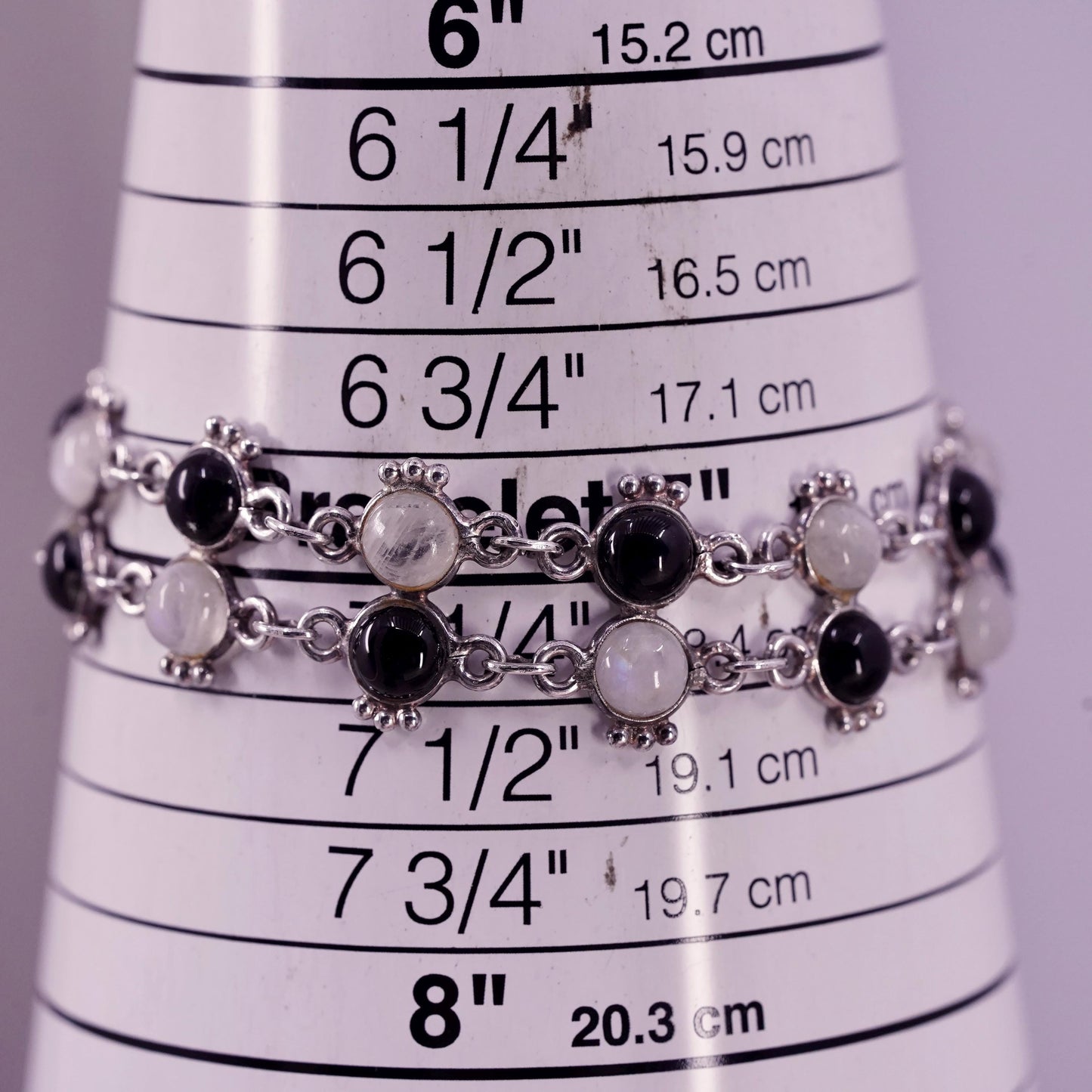 7", vintage sterling 925 silver handmade bracelet with moonstone and onyx