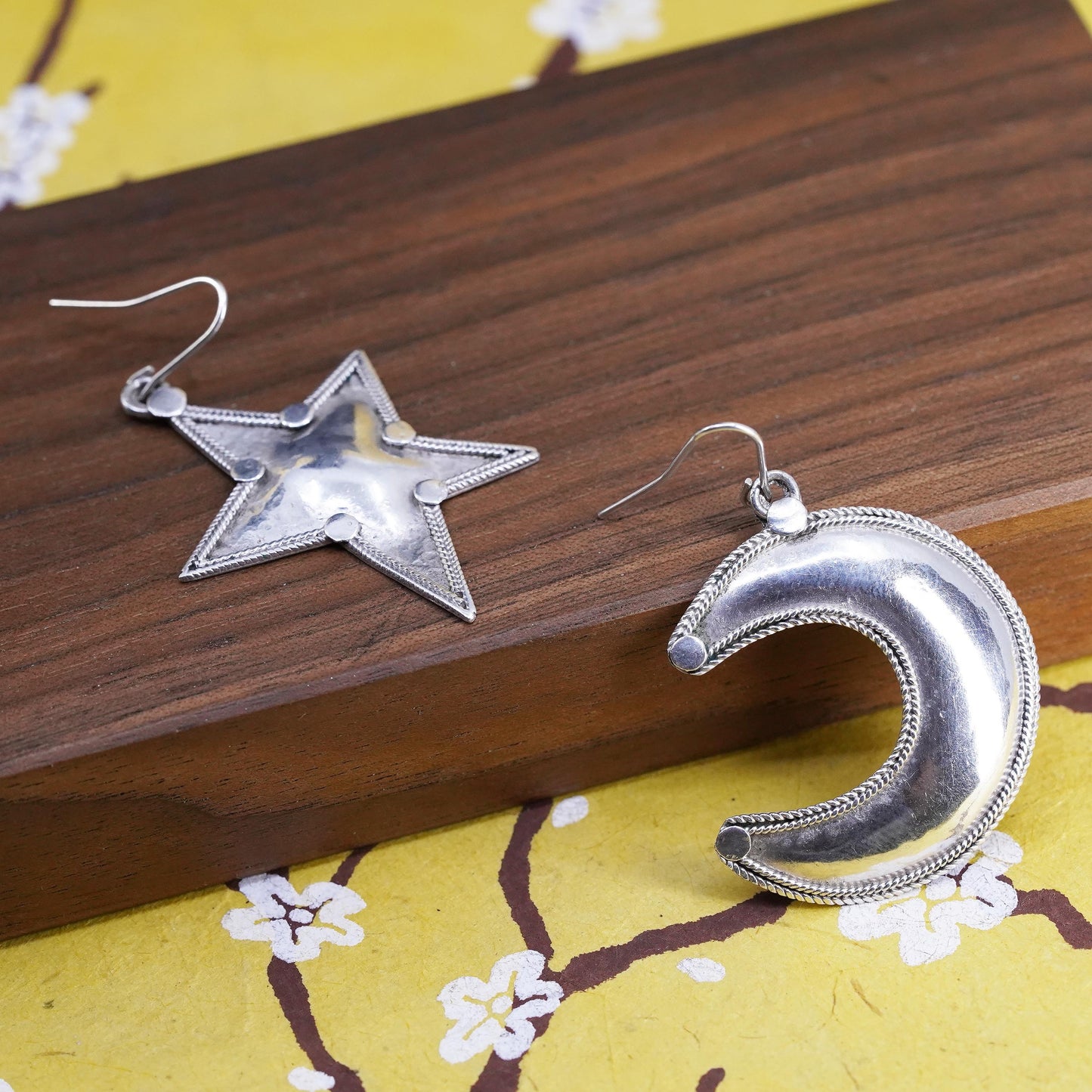 Vintage sterling silver handmade earrings, 925 moon and star drops