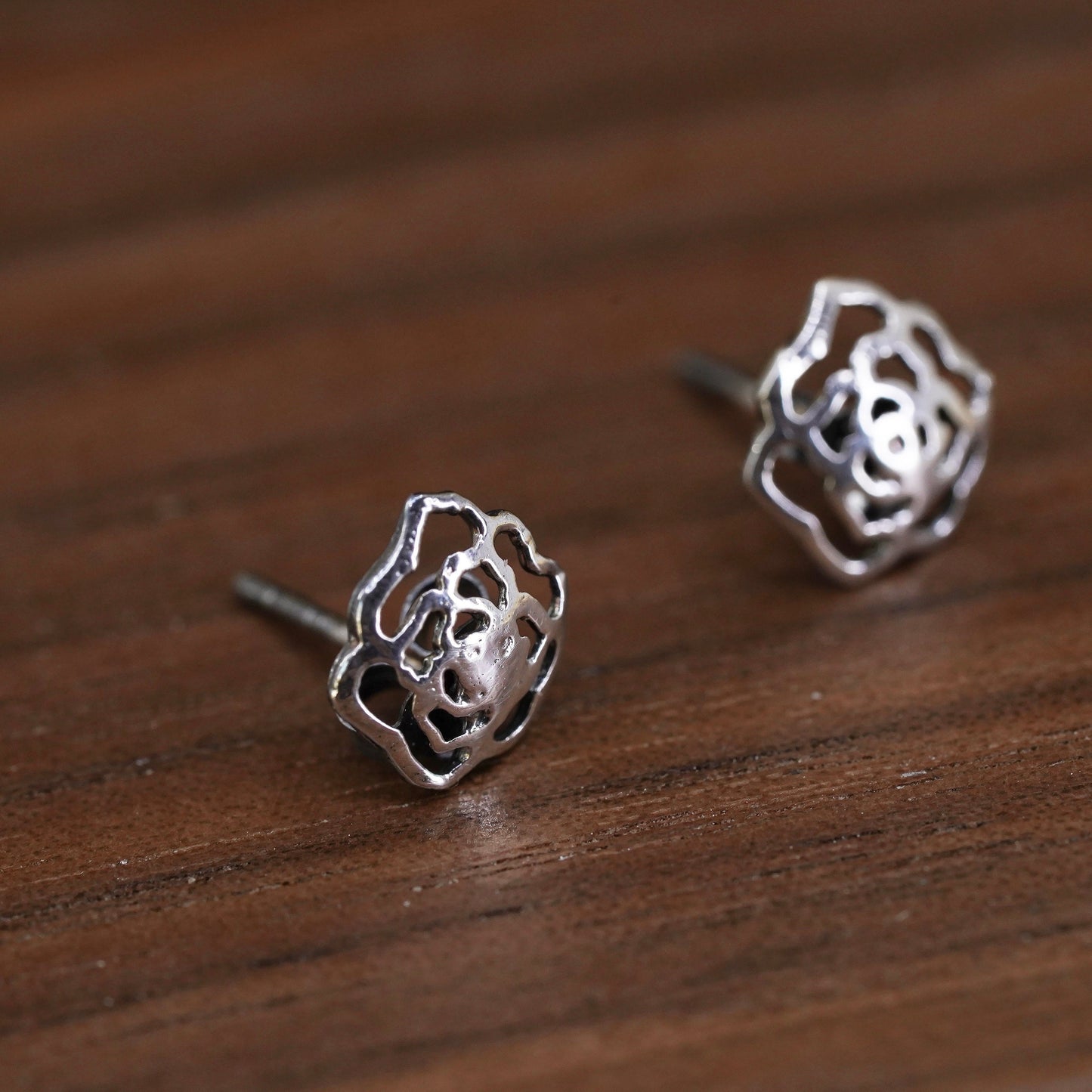 Vintage Sterling silver handmade earrings, 925 rose flower studs