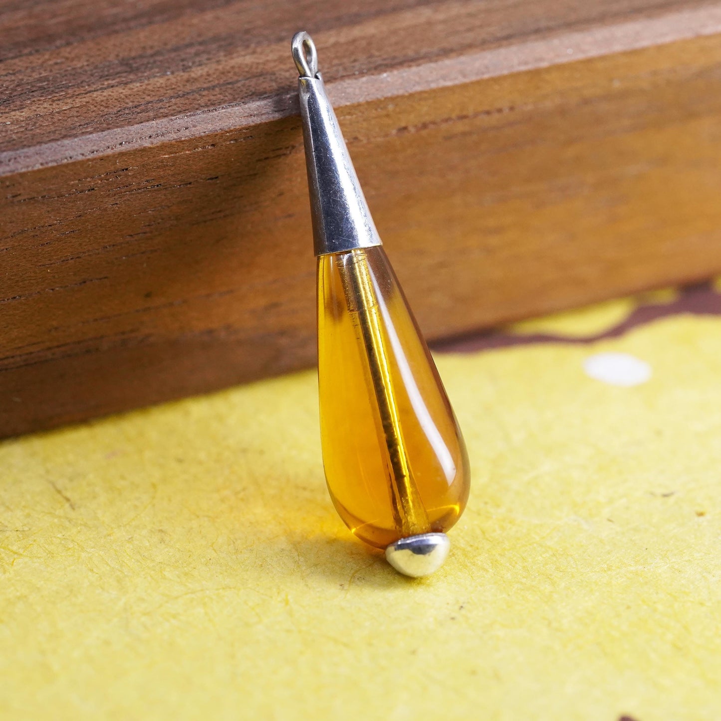 Vintage Sterling 925 silver handmade teardrop charm pendant with amber