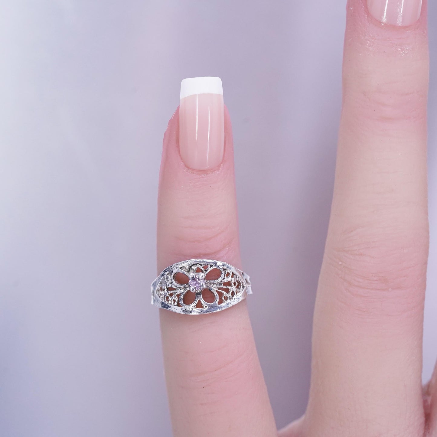 Size 1.25, vintage Sterling 925 silver handmade filigree ring with pink crystal