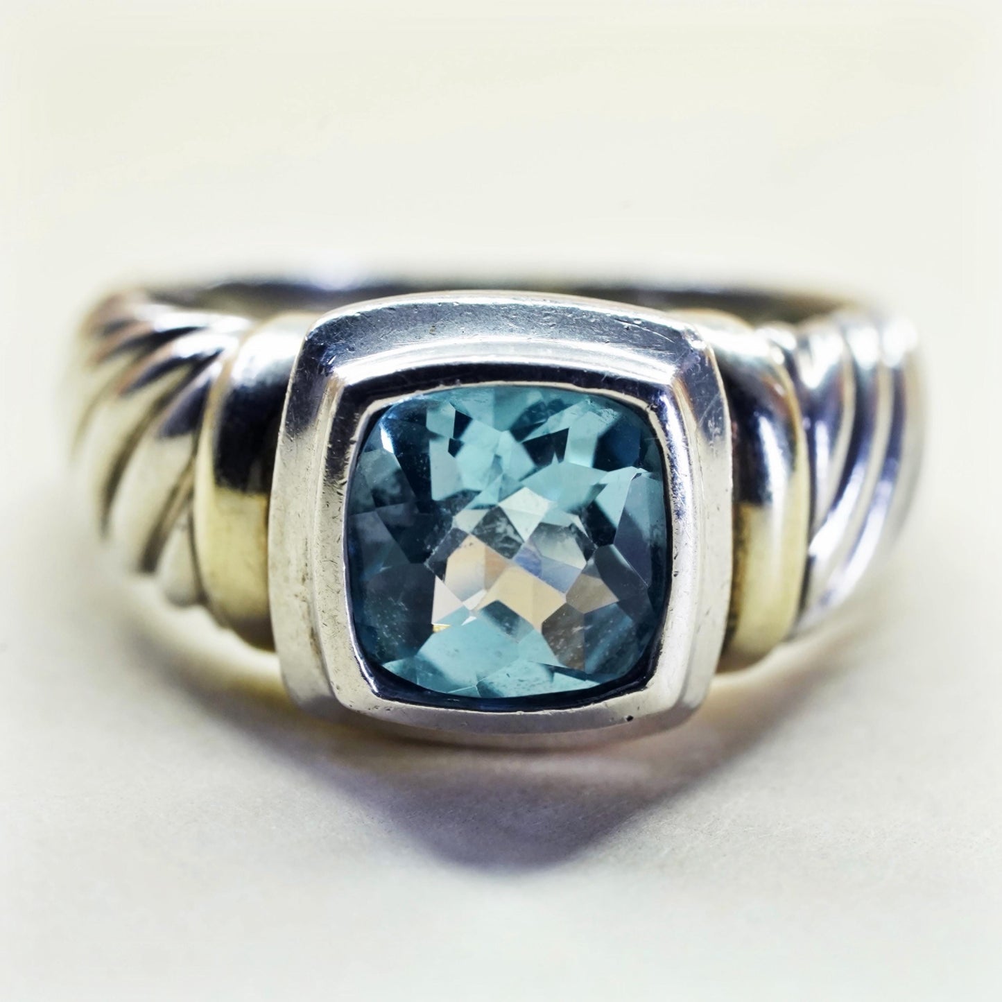 Size 8.75, David Yurman Sterling 925 silver cable ring square blue topaz 14K