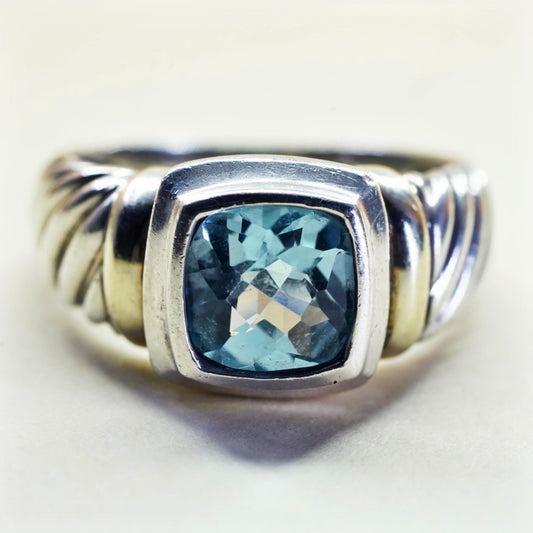 Size 8.75, David Yurman Sterling 925 silver cable ring square blue topaz 14K