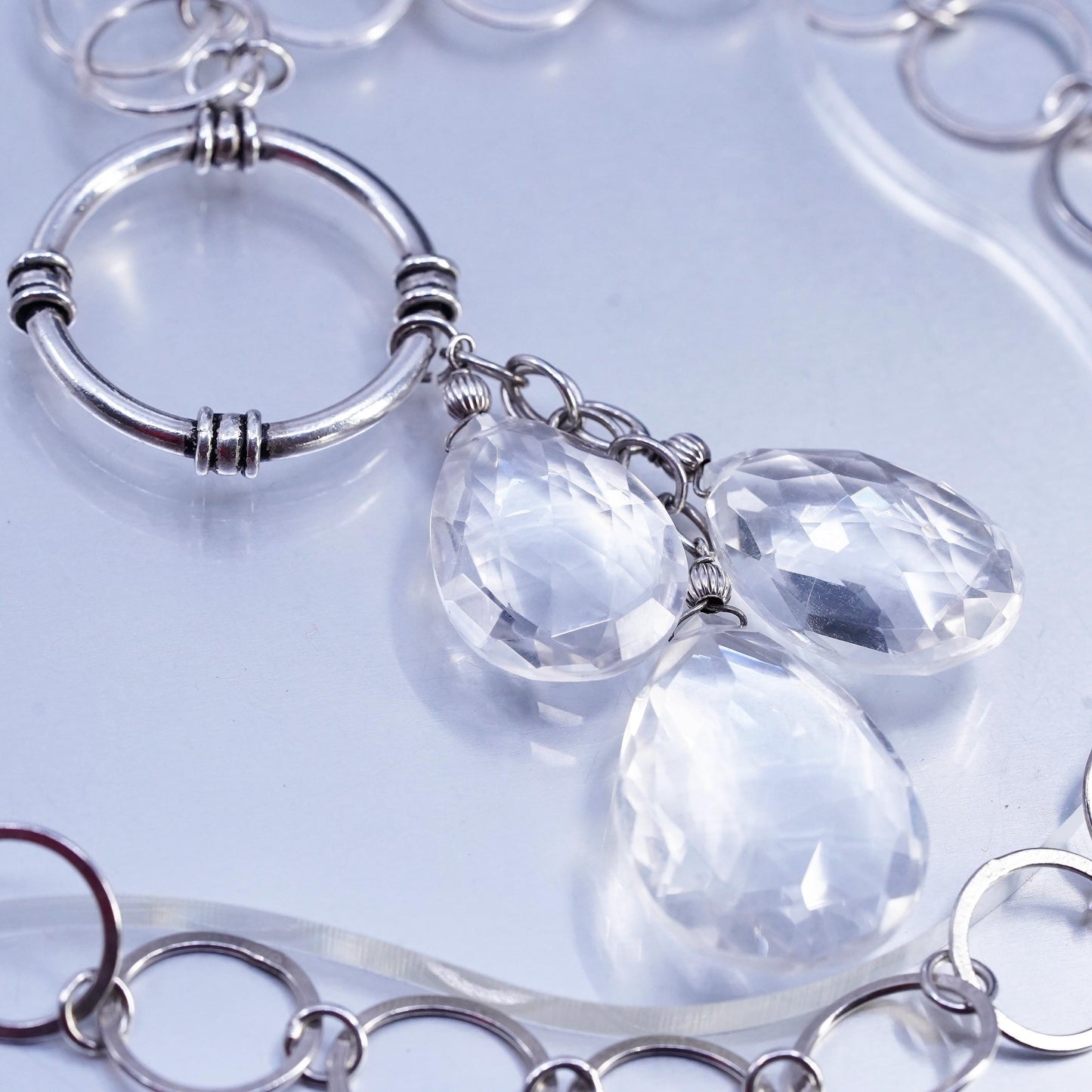 16", Sterling 925 silver flatten circle necklace teardrop crystal pendant