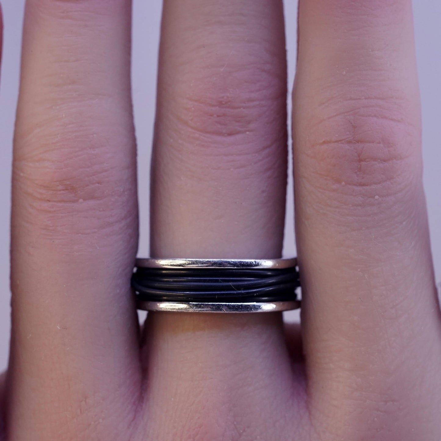 Size 7.25, vintage Italian sterling silver ring, 925 silver band black leather