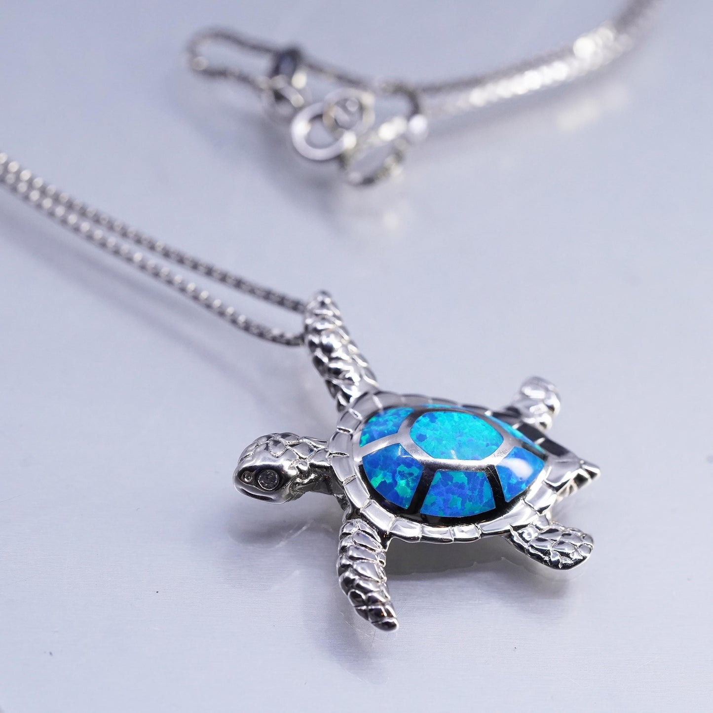 18", VTG Sterling 925 silver handmade box chain necklace opal turtle pendant