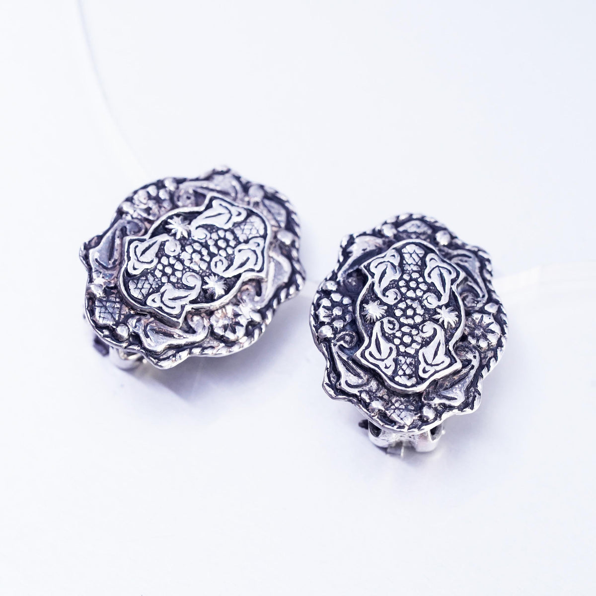 VTG Sterling 925 Silver Ornate Clip On, Floral Scroll Statement Earrings