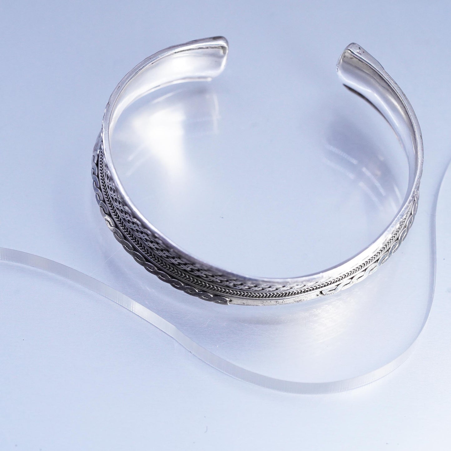 7", Vintage Thai 925 Sterling Silver Cuff Bracelet, Woven Braid Wide Bangle