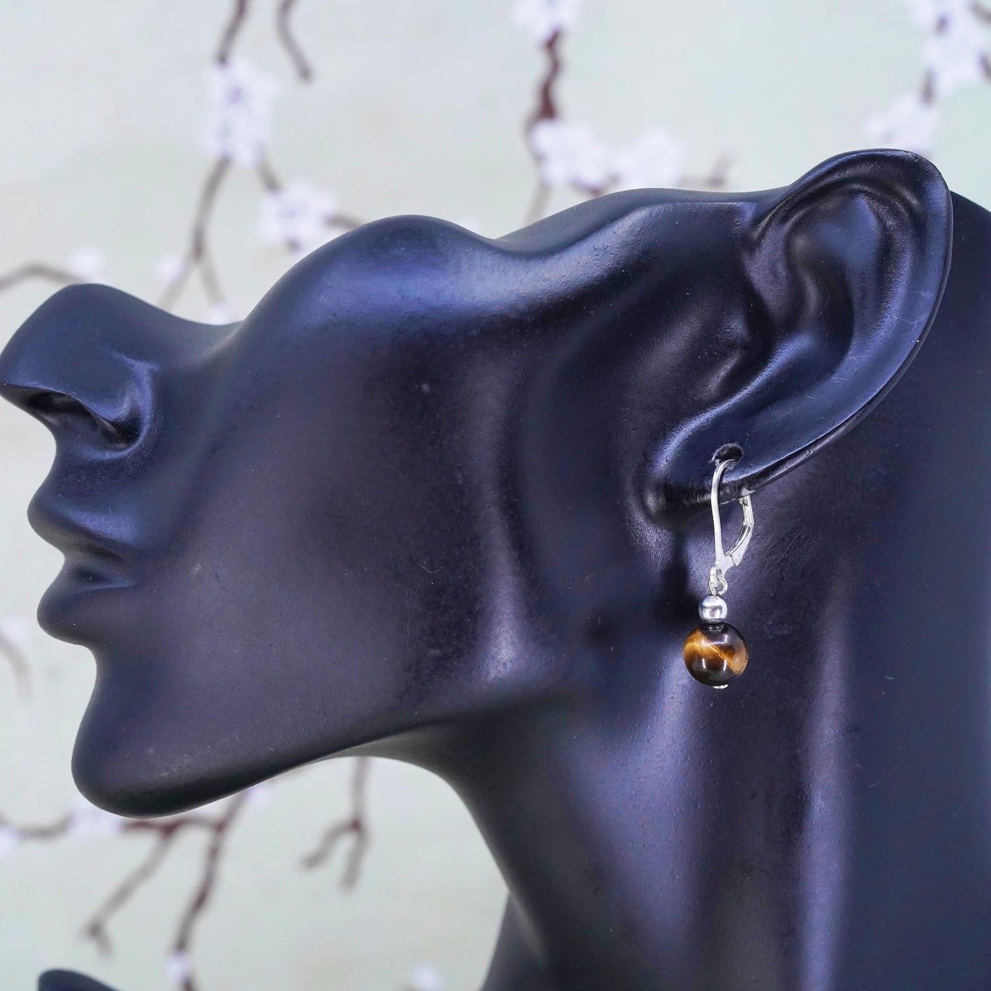 Vintage Sterling 925 silver handmade earrings with tiger eye beads