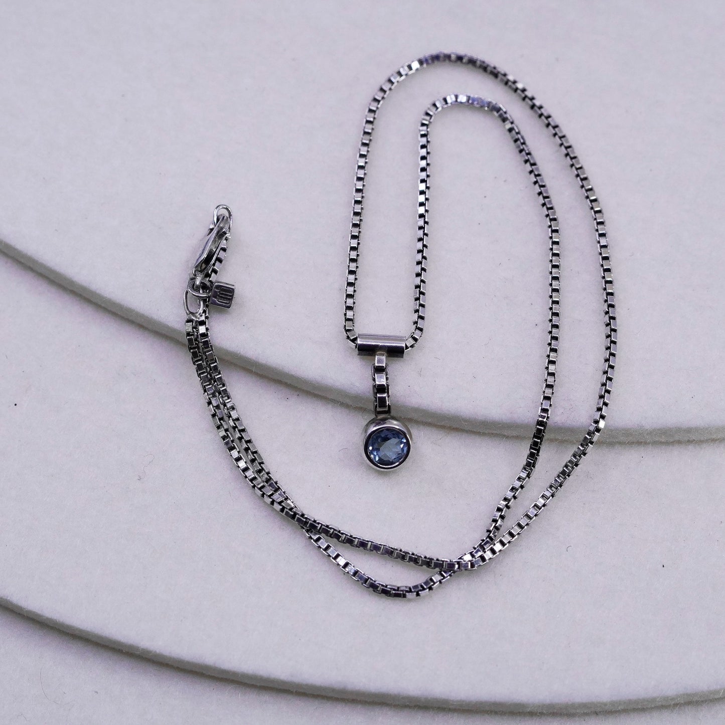 16”, vintage Sterling 925 silver box chain necklace with blue crystal pendant