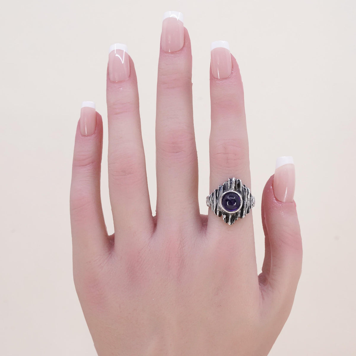 Size 7, vintage brutalism handmade sterling 925 silver textured ring amethyst