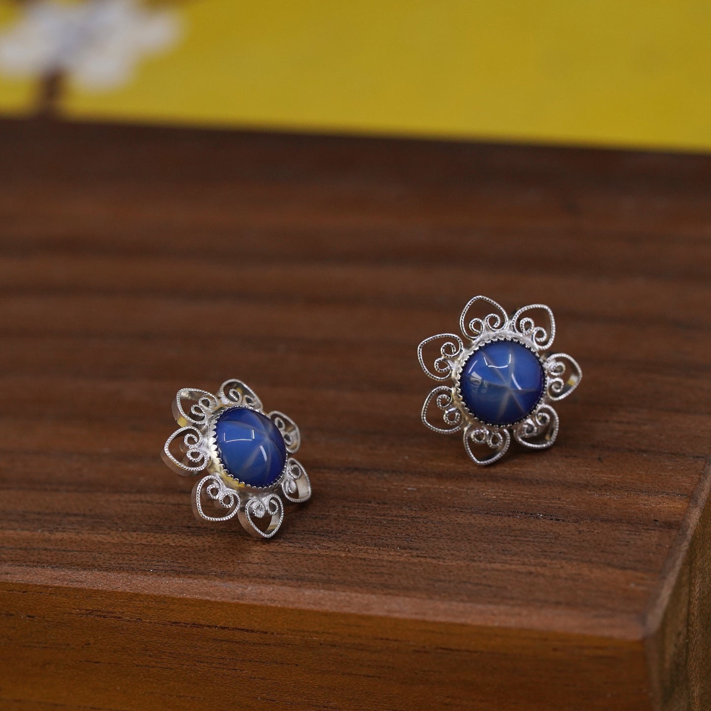 Vintage Sterling silver handmade earrings, 925 filigree studs w/ star sapphire