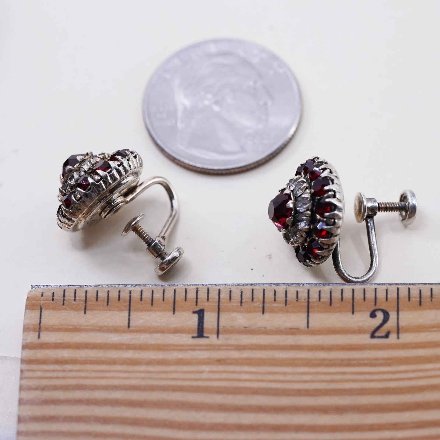 1950s VTG 925 Sterling Silver Garnet Red Rhinestone Screw Back Earrings, Retro