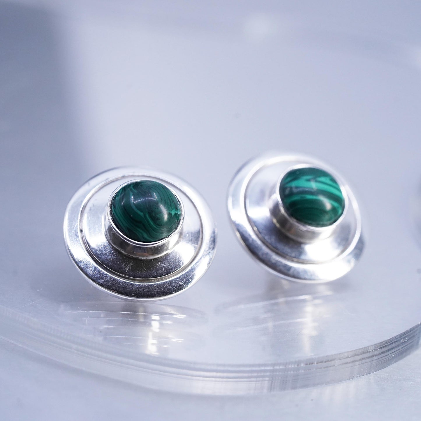Vintage Mexican 925 Sterling Silver malachite onyx inlay circle studs Earrings