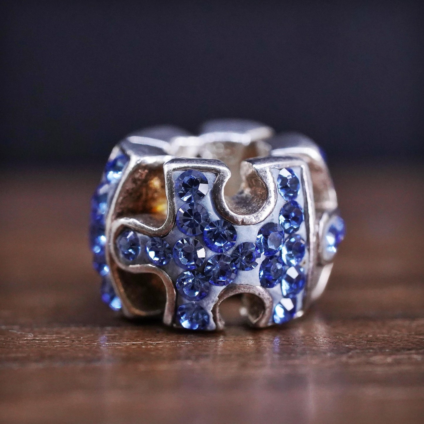 Vintage Sterling 925 silver handmade puzzle bead charm with cluster cz