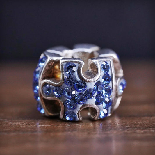 Vintage Sterling 925 silver handmade puzzle bead charm with cluster cz