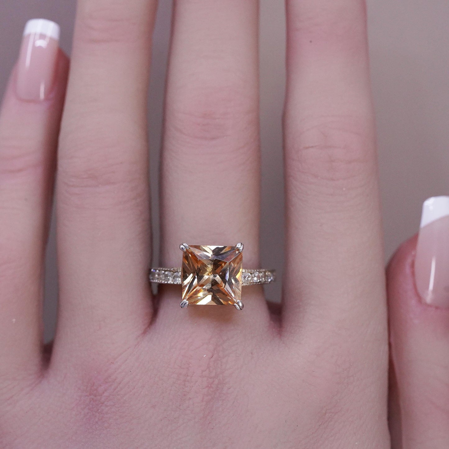 Size 8.25, VTG 925 Sterling Silver Champagne CZ Ring, Princess Solitaire Ring