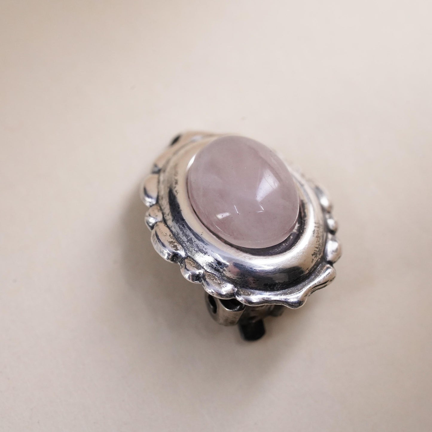Vintage sterling silver handmade single earring, 925 clip on pink rose quartz