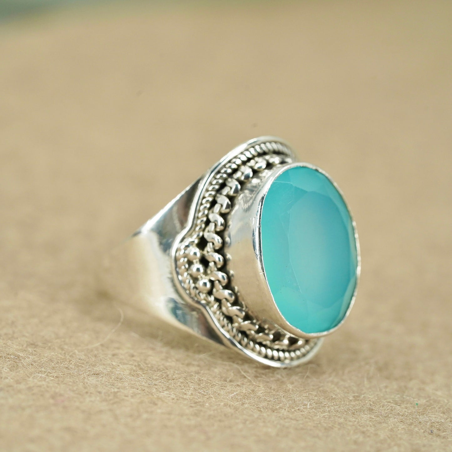 Size 10.25, vintage Sterling 925 silver handmade ring with Chalcedony