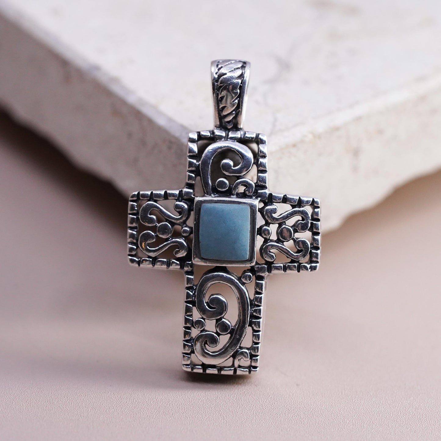 Vintage Sterling silver handmade pendant, 925 filigree cross with turquoise