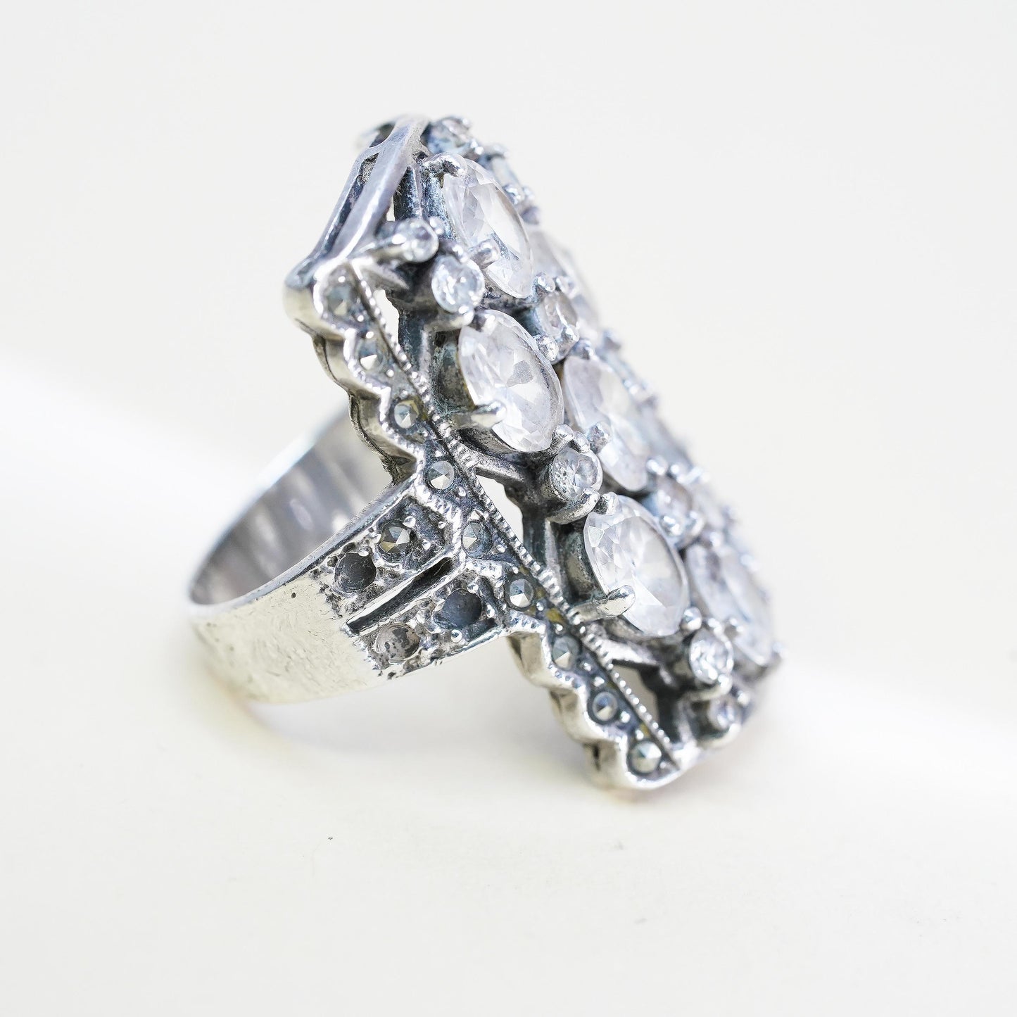 Size 7.25, 925 Sterling Silver Cluster CZ Ring, Marcasite Cocktail, Wide Band