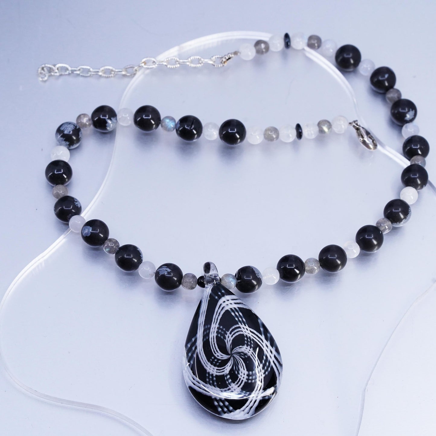 16+2", Sterling Silver 925 necklace with fossil coral labradorite glass pendant