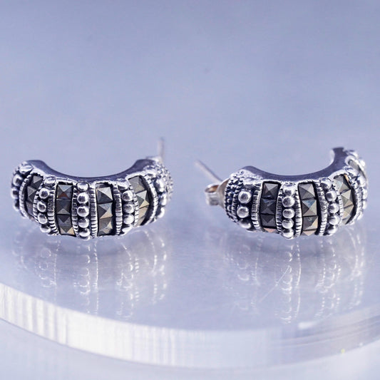 Vintage Sterling 925 silver handmade earrings, huggie studs with Marcasite