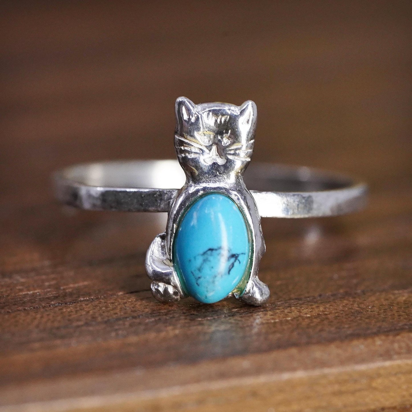 Size 4.75, Sterling 925 silver cat kitty ring turquoise, southwestern jewelry