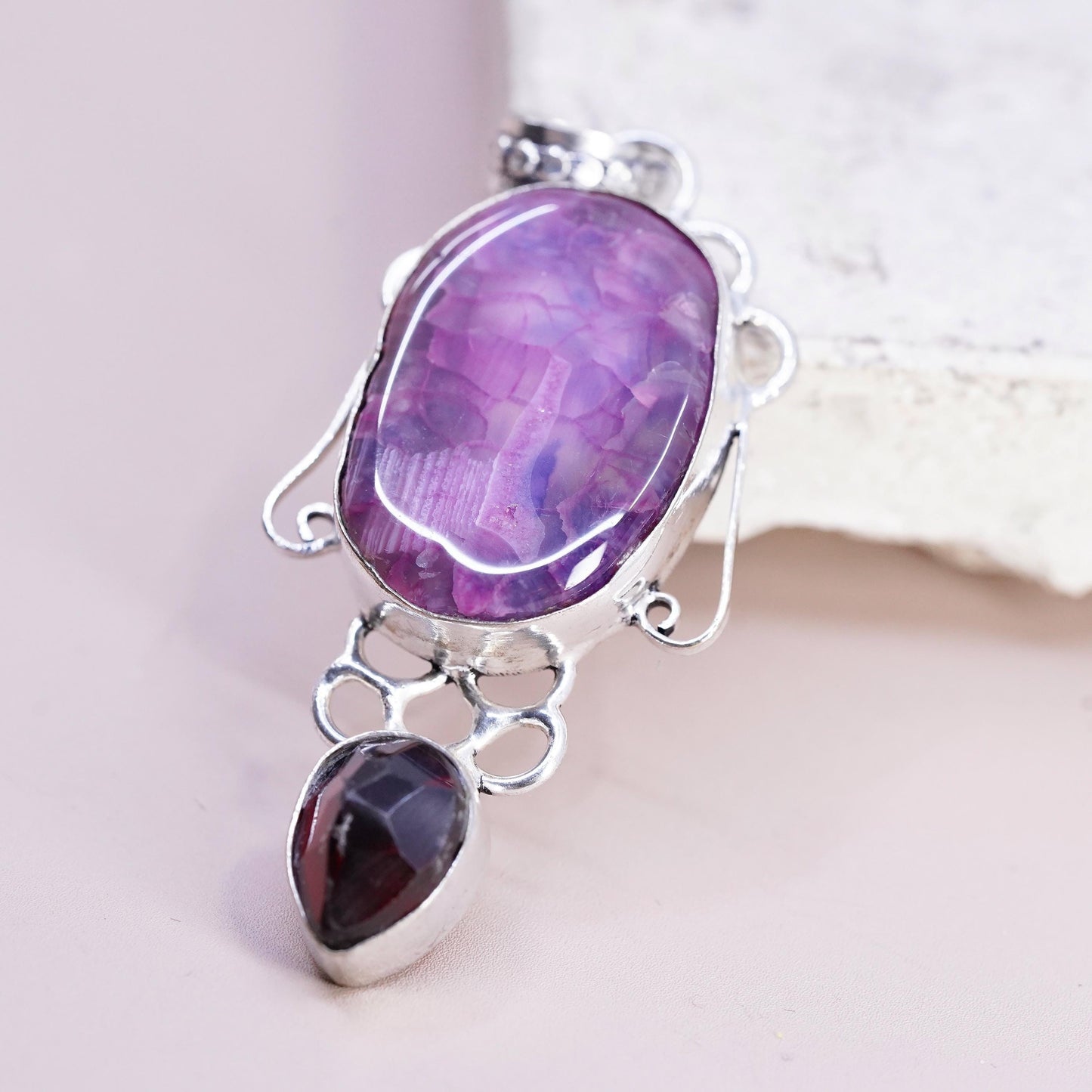 Vintage Sterling 925 silver handmade pendant with purple agate teardrop garnet