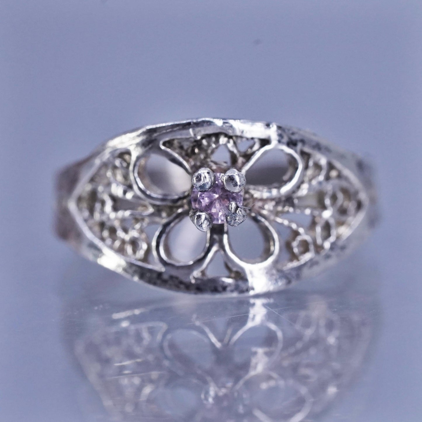 Size 1.25, vintage Sterling 925 silver handmade filigree ring with pink crystal