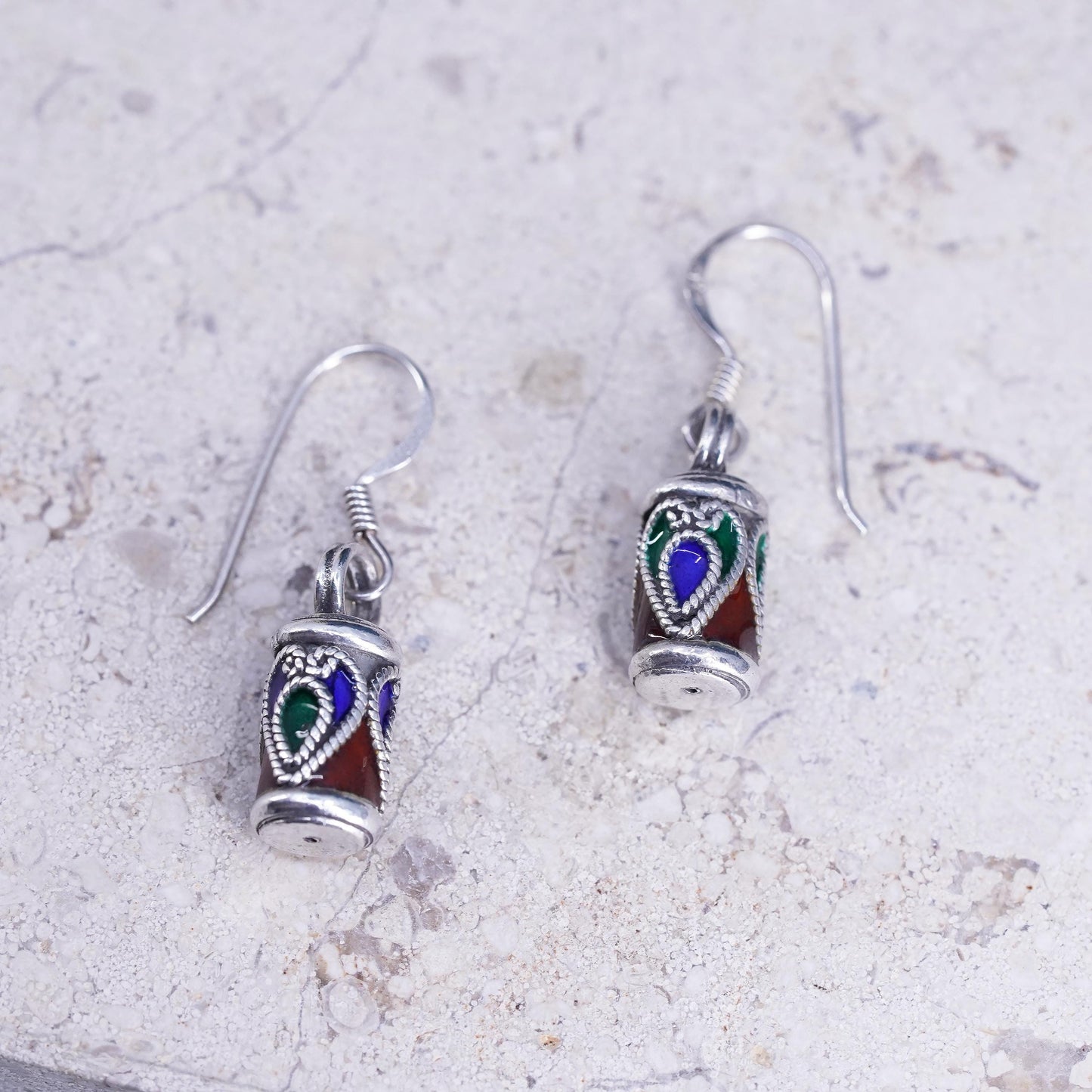 Vintage sterling silver handmade earrings, 925 tube with enamel