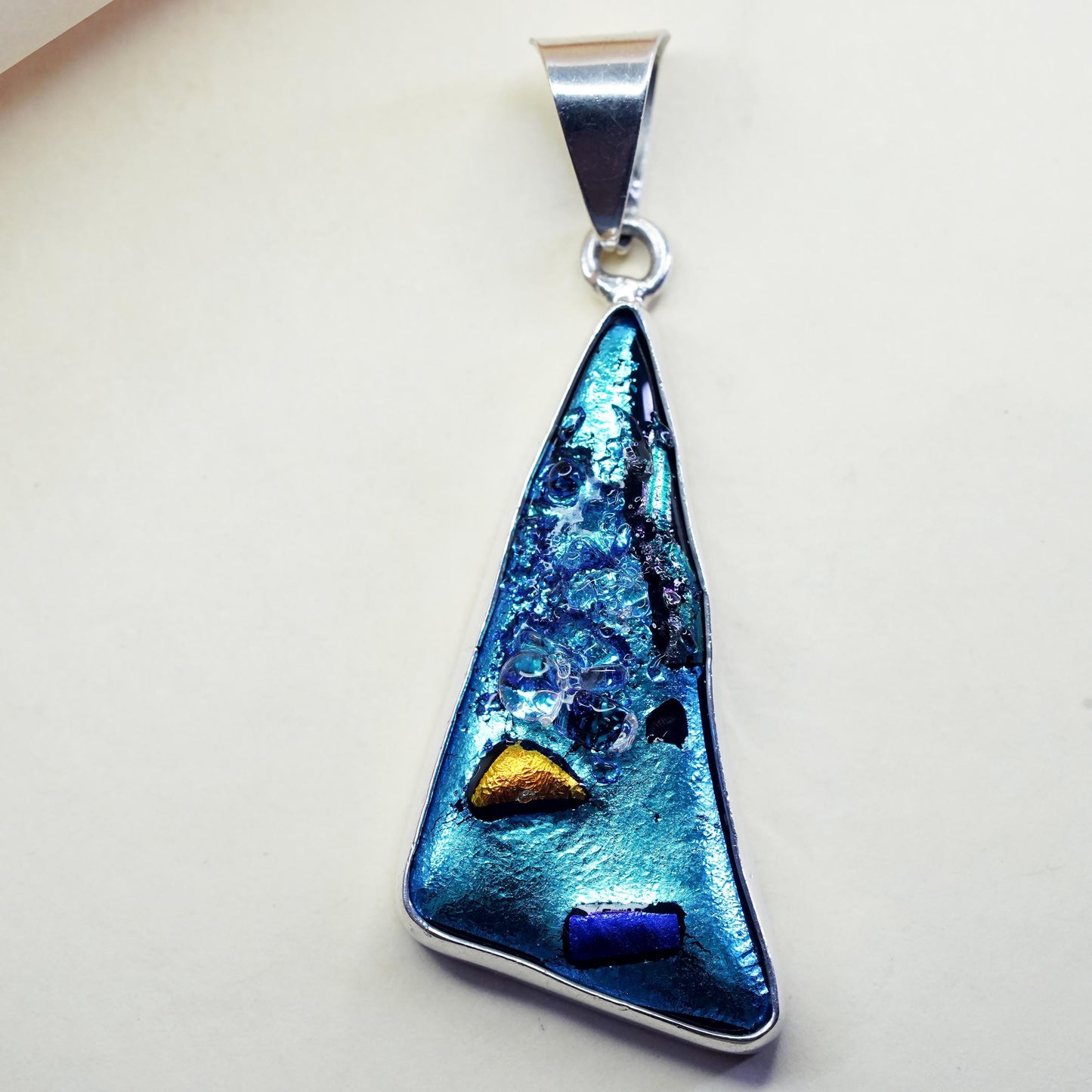 sterling 925 silver with blue metallic dichroic foiled glass triangle pendant