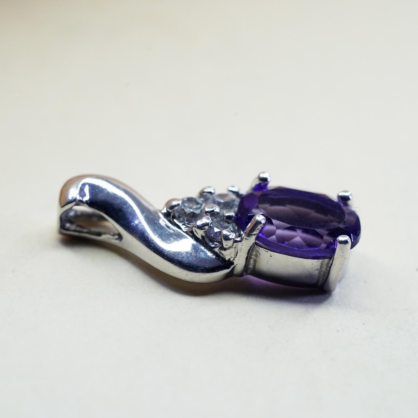 vintage sterling silver 925 pendant with amethyst and cz details, shiny
