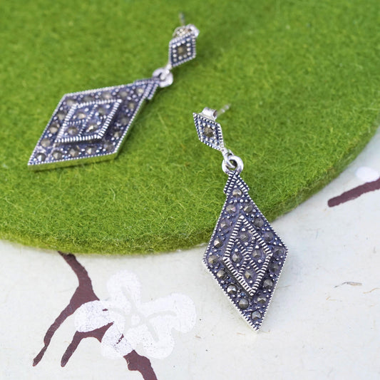 Vintage sterling 925 silver handmade earrings Diamond shaped drops marcasite