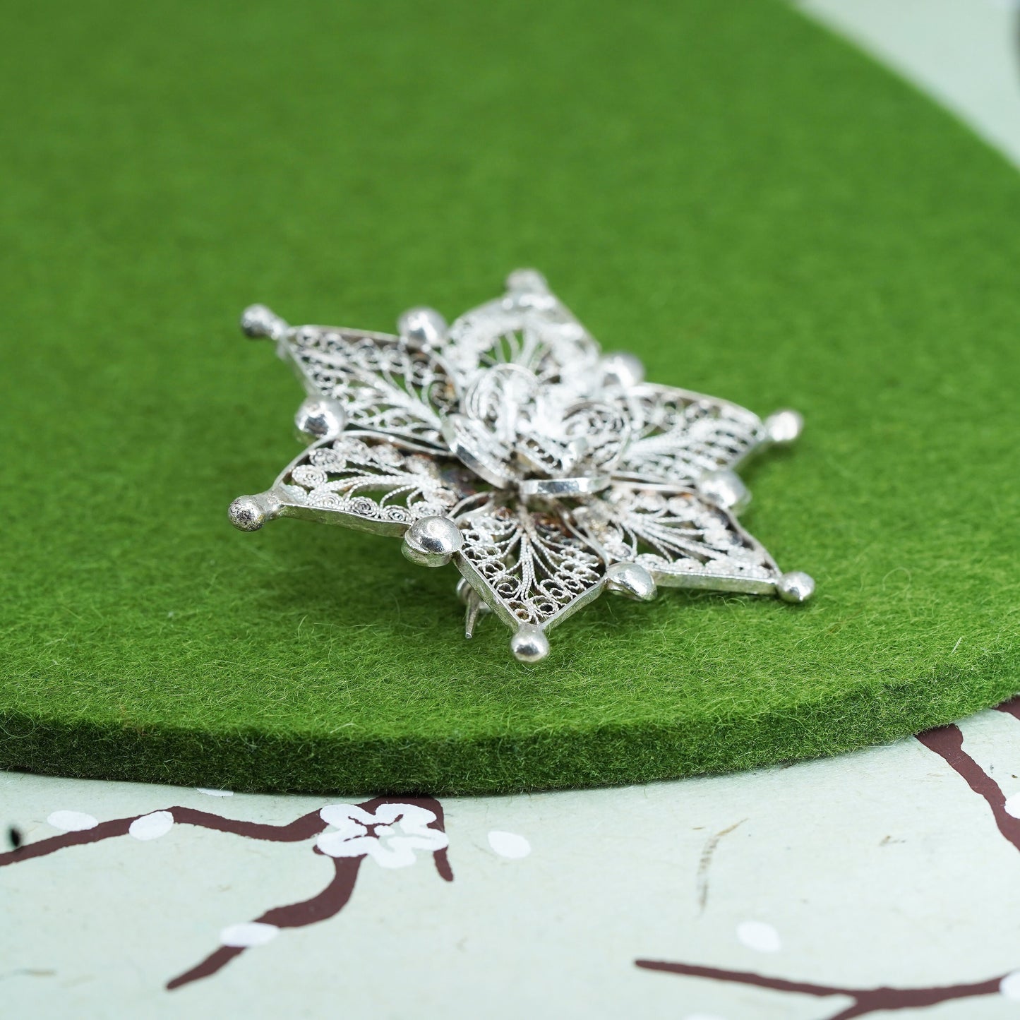 Vintage sterling silver handmade brooch, 925 filigree snowflake pin