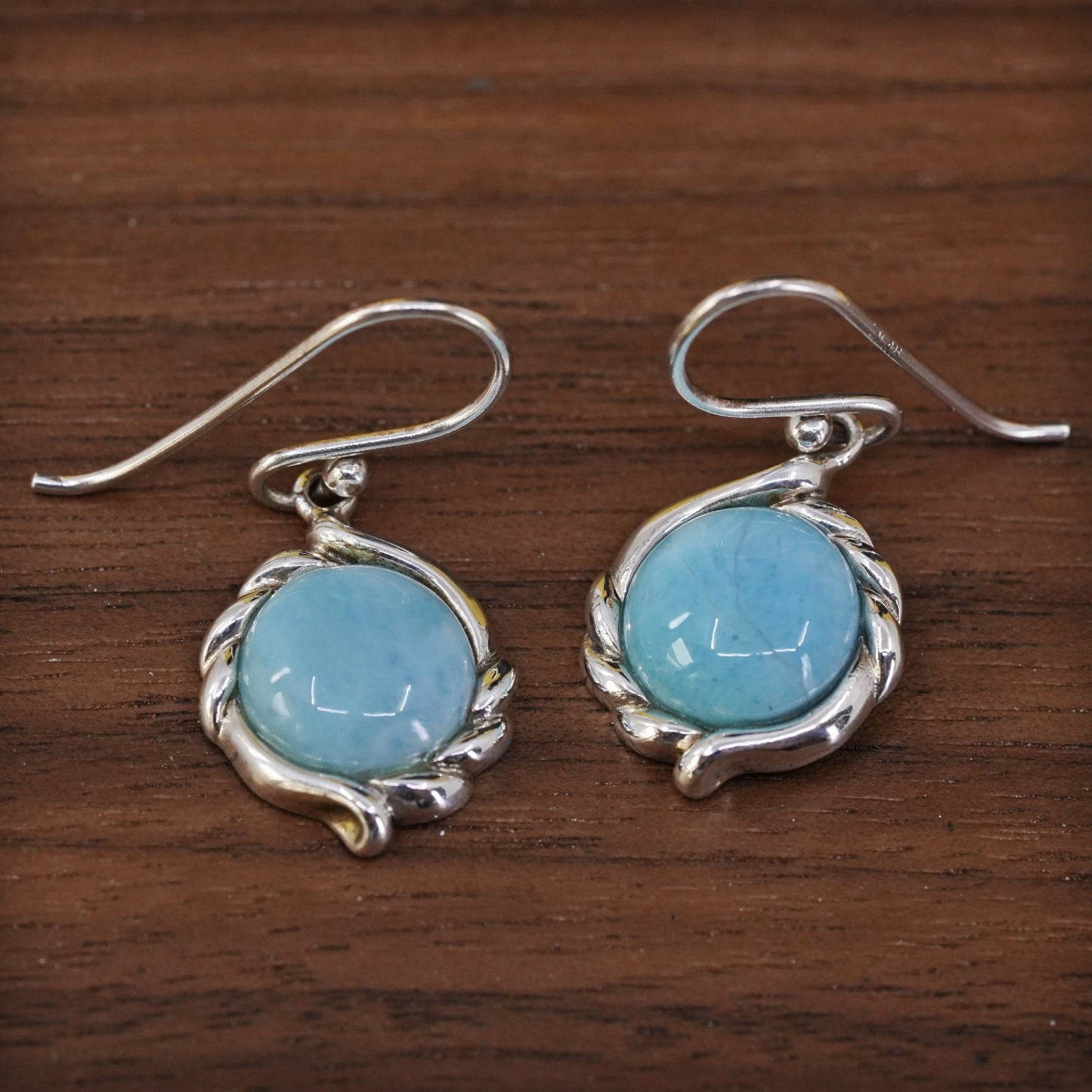 Vintage Sterling 925 silver handmade earrings with round Larimar